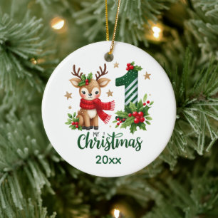 Festive baby's first add name Christmas  Ceramic Ornament