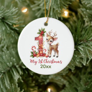 Festive baby's first Christmas add year message Ceramic Ornament