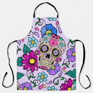 Festive background with sugar skulls, heart and fl apron