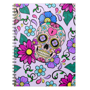 Festive background with sugar skulls, heart and fl notebook