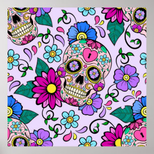 Festive background with sugar skulls, heart and fl poster
