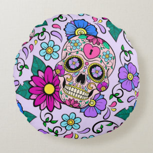 Festive background with sugar skulls, heart and fl round pillow