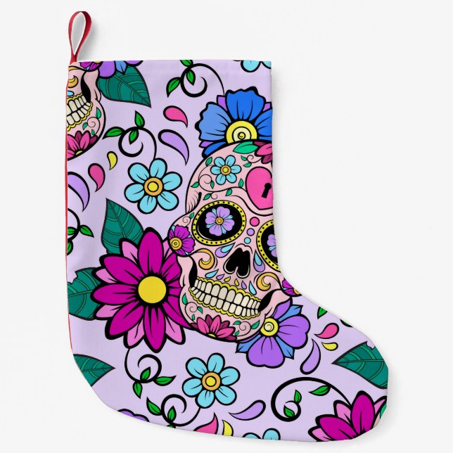 Festive background with sugar skulls, heart and fl small christmas stocking (Front)
