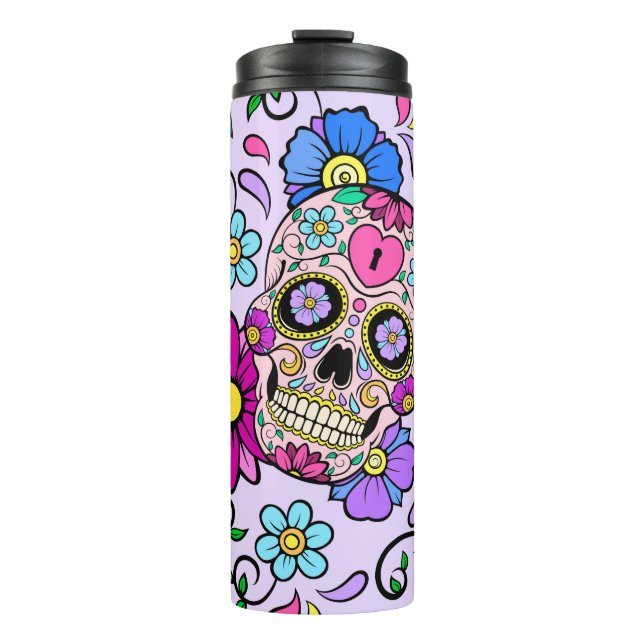 Festive background with sugar skulls, heart and fl thermal tumbler (Front)