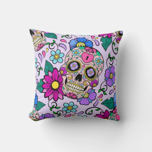 Festive background with sugar skulls, heart and fl throw pillow
