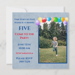 Festive Balloons Photo Blue Boy's Birthday Party Invitation