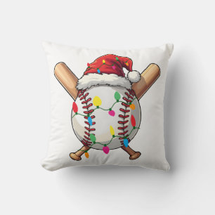 Festive Baseball Christmas Santa Hat & Lights Spor Throw Pillow