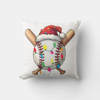 Festive Baseball Christmas Santa Hat & Lights Spor Throw Pillow