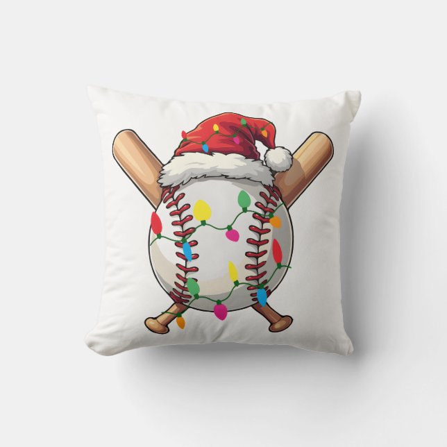 Festive Baseball Christmas Santa Hat & Lights Spor Throw Pillow (Front)