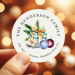 Festive Bauble Watercolor Christmas Return Address Classic Round Sticker<br><div class="desc">A festive return address label. Design features a watercolor image of gifts,  fir sprigs and baubles,  family name and address.</div>