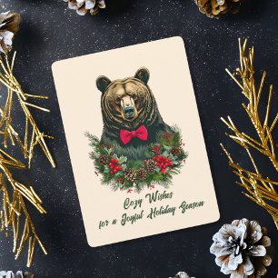 Festive Bear Christmas Wreath and Red Bowtie Holiday Card