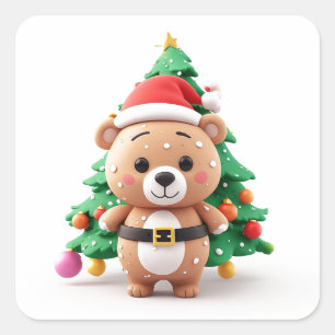 Festive Bear Wearing Santa Hat Beside Decorated Square Sticker