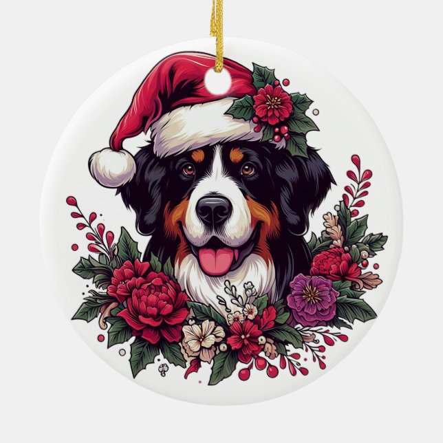 Festive Bernese Dog with Santa Hat and Florals Ceramic Ornament (Back)