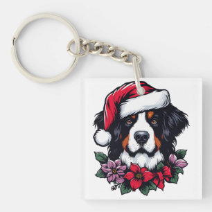 Festive Bernese Dog with Santa Hat and Florals Keychain