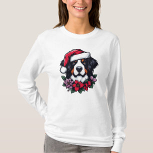Festive Bernese Dog with Santa Hat and Florals T-Shirt