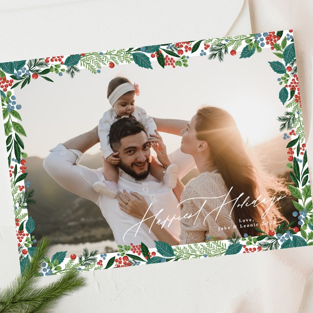 festive berries frame classic green red HAPPIEST Holiday Card (Creator Uploaded)