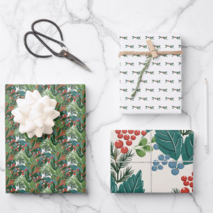 festive berries traditional green & red christmas wrapping paper sheet