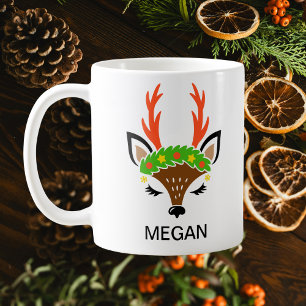 Festive Berry Wreath Holiday Antlers Reindeer Face Coffee Mug