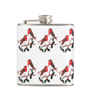 Festive Bird Art Holly Robins Hip Flask