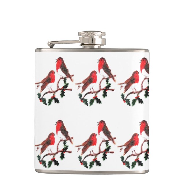 Festive Bird Art Holly Robins Hip Flask (Front)
