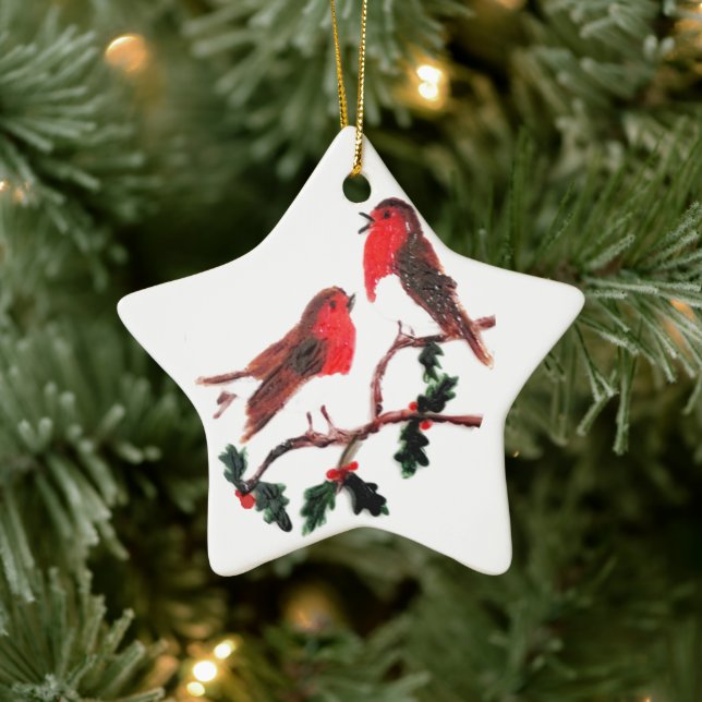 Festive Bird Art, Robin Holly Ceramic Ornament (Tree)