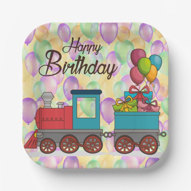 Festive Birthday  Balloon Train Birthday Paper Plate (Front)