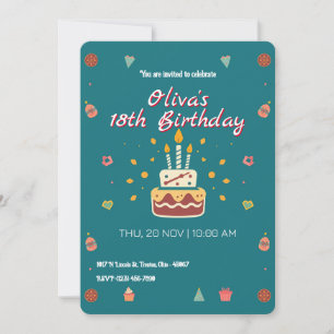 Festive Birthday Cake with Candles and Icons Invitation