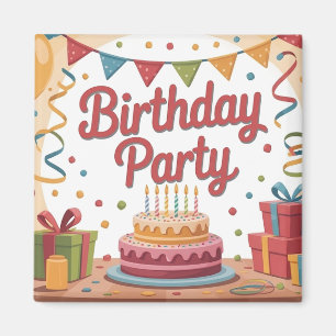 Festive Birthday Party Illustration with Cake Magnet