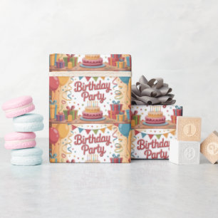 Festive Birthday Party Illustration with Cake Wrapping Paper
