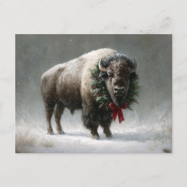 Festive Bison with Holiday Wreath Postcard (Front)