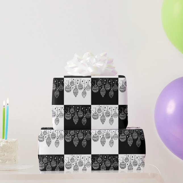 Festive Black and White Chirstmas Baubles  Wrapping Paper (Party Gifts)
