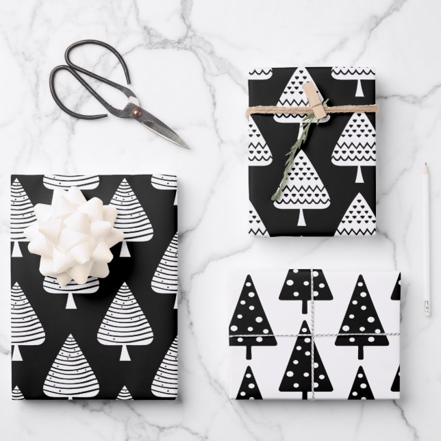 Festive Black and White Holiday Trees Wrapping Pap Paper Sheet (Front)