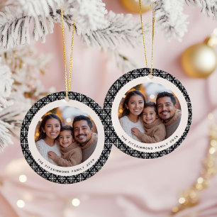 Festive Black and White Scandinavian 2 Sided Photo Ceramic Ornament