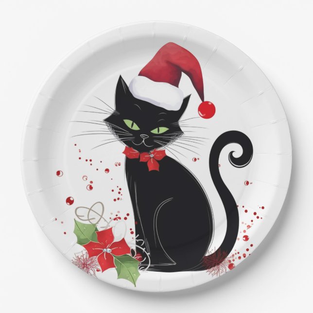 Festive Black Cat Paper Plate (Front)