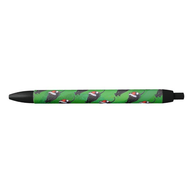 Festive Black Cat Pattern on Green Black Ink Pen (Front)