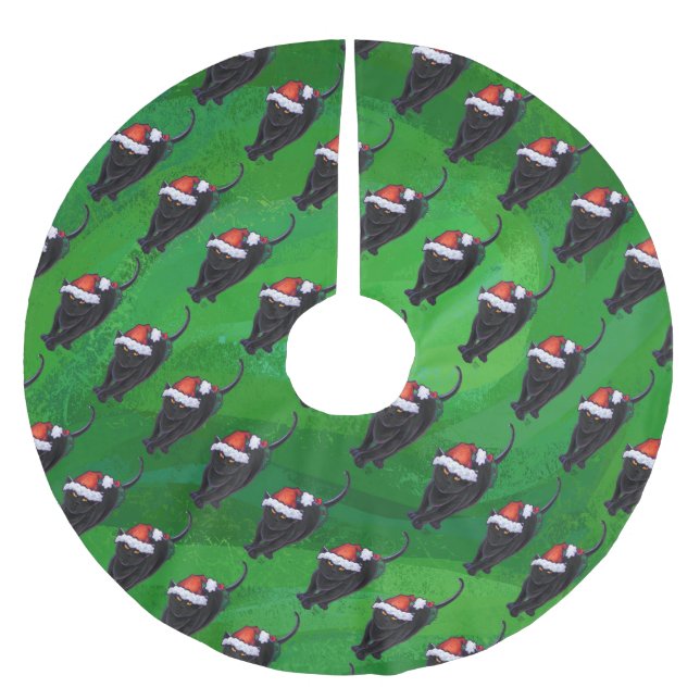 Festive Black Cat Pattern on Green Brushed Polyester Tree Skirt (Front)