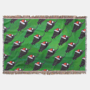 Festive Black Cat Pattern on Green Throw Blanket