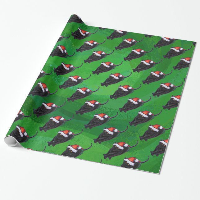 Festive Black Cat Pattern on Green Wrapping Paper (Unrolled)
