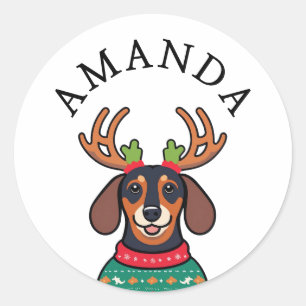 Festive Black Dachshund Christmas Name Classic Round Sticker