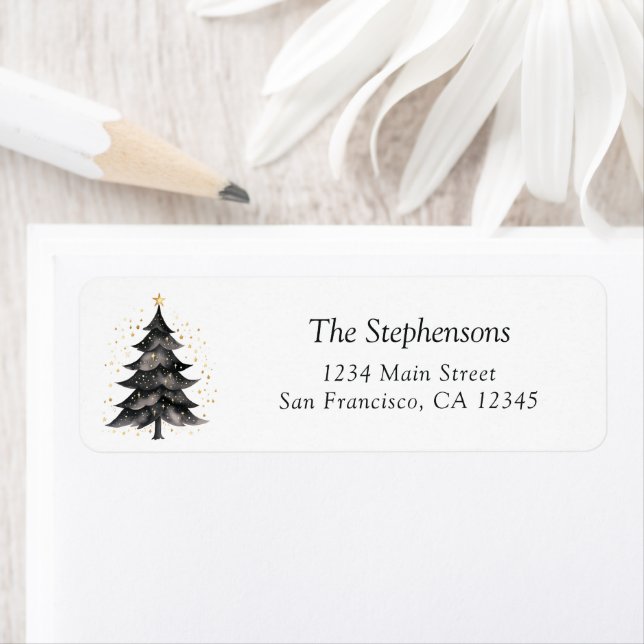 Festive Black Gold Christmas Tree Return Address (Insitu)