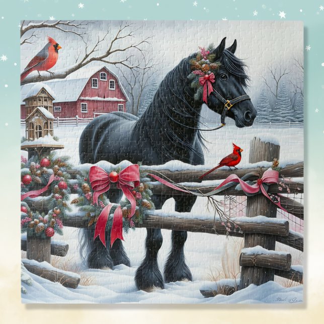 Festive Black Horse and Cardinal Christmas Jigsaw Puzzle (Creator Uploaded)