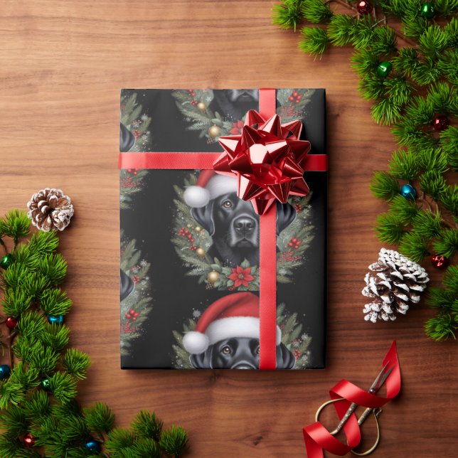 Festive Black Labrador Wearing Santa Hat  Wrapping Paper (Holiday Gift)