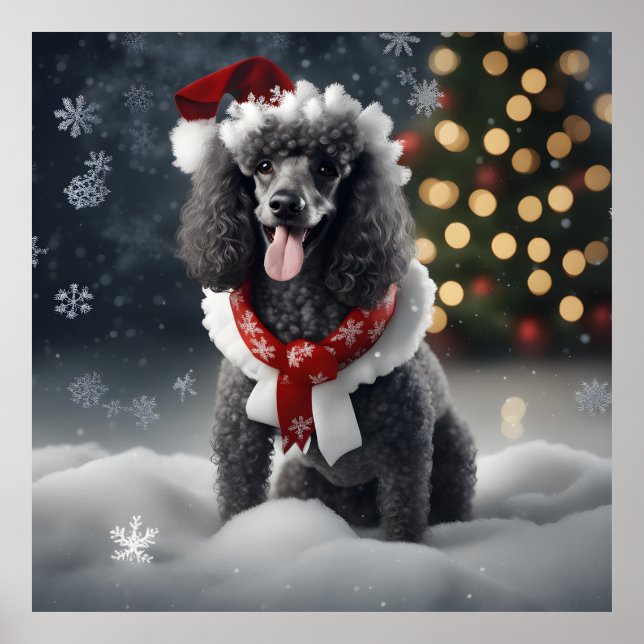 Festive Black Poodle Christmas Holiday Dog In Snow Poster (Front)