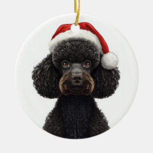 Festive Black Poodle Dog in Santa Hat Illustration Ceramic Ornament