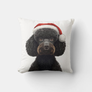 Festive Black Poodle Dog in Santa Hat Illustration Throw Pillow