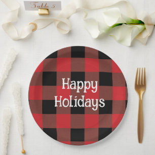 Festive Black & Red Plaid Holiday Paper Plates