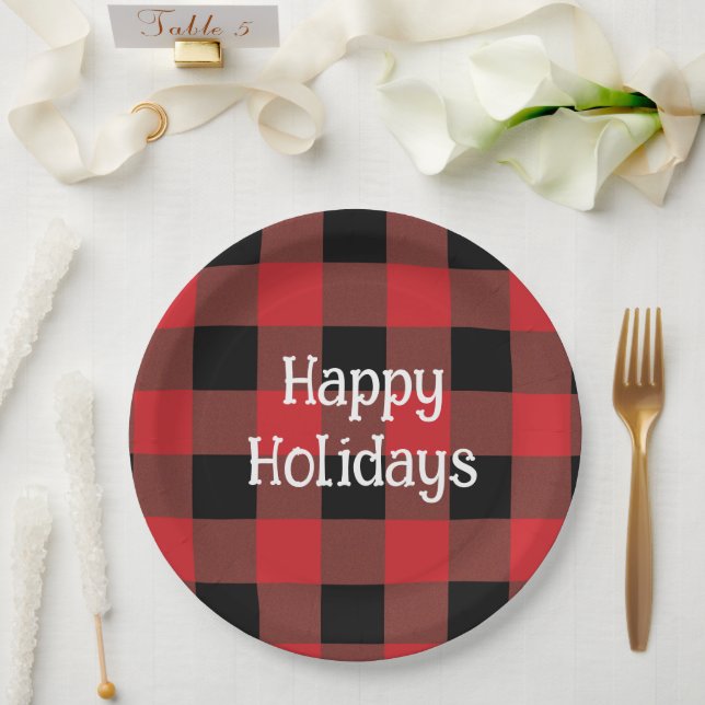 Festive Black & Red Plaid Holiday Paper Plates (Wedding)