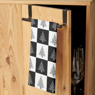 Festive Black White Chequered Christmas Trees Kitchen Towel