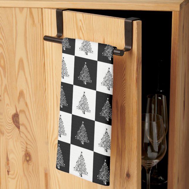 Festive Black White Chequered Christmas Trees Kitchen Towel (Thirds Fold)