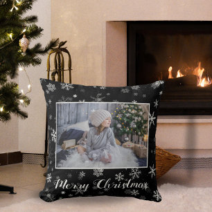 Festive Black White Snowflake Christmas 2 Photo Throw Pillow